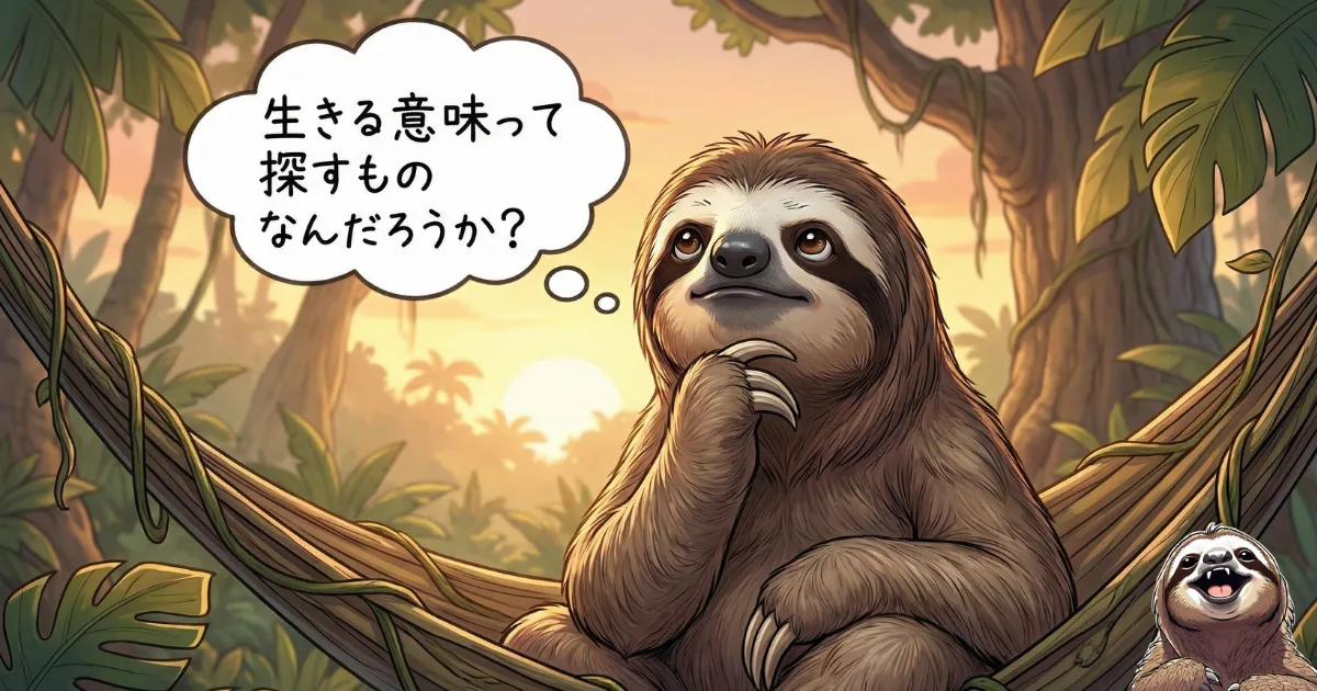 【図解】生きる意味への問いかけ：「生きる意味って探すものなんだろうか？」と思索にふけるナマケ者のイラスト。人生の目的を外部に探し求めることへの疑問と、実存的不安の始まりを表現した挿絵