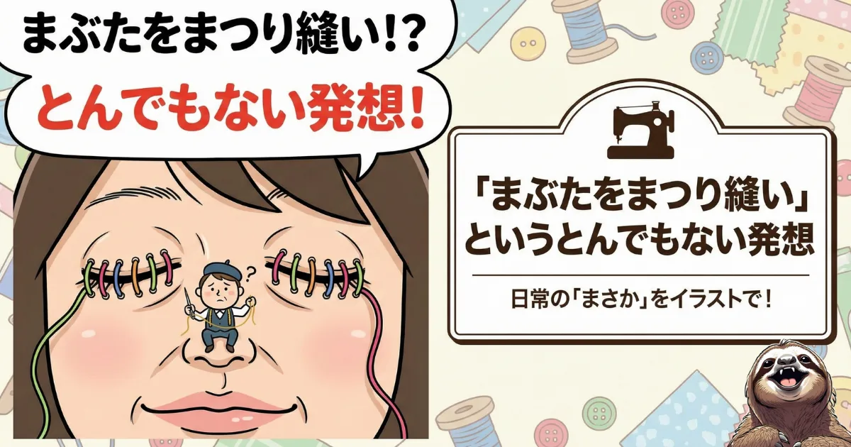 【シュールなイラスト】まぶたをまつり縫いする小人と女性：「とんでもない発想」というキャッチコピーと共に描かれた、日常の常識を覆すユニークなアート。固定観念からの解放を表現