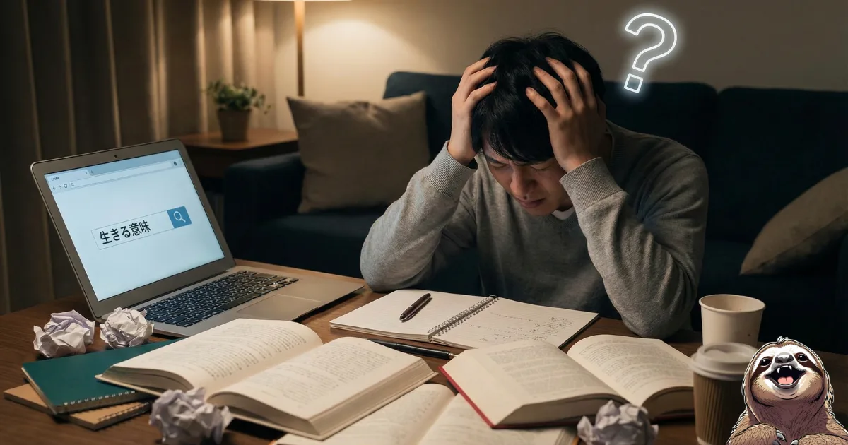 【図解】生きる意味をネット検索して頭を抱える男性：「生きる意味」と入力したパソコンの前で、本や情報の山に囲まれ混乱している様子。外部に正解を求めすぎて実存的不安（迷子）に陥っている状態
