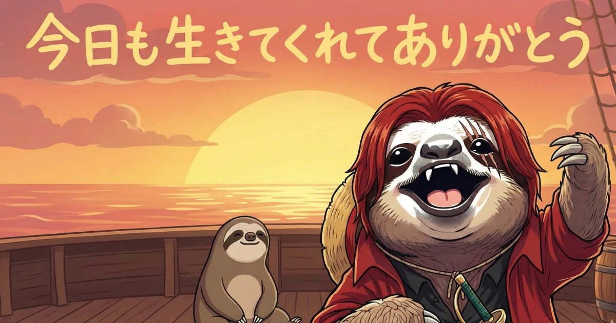 【ブログ完結】今日も生きてくれてありがとう：夕暮れの船上で読者に感謝と労いを伝えるシャンクス風ナマケモノのイラスト。「ただ生きているだけで価値がある」という記事の最終結論を込めたメッセージ画像