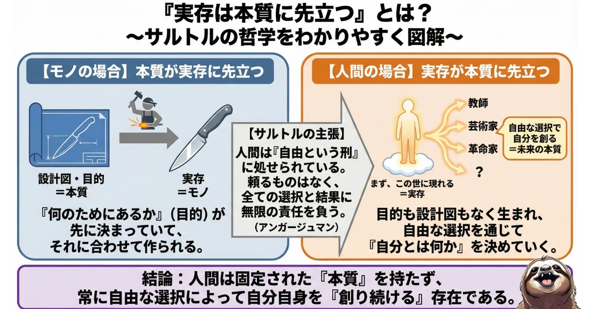 サルトルの「実存は本質に先立つ」のわかりやすい図解。