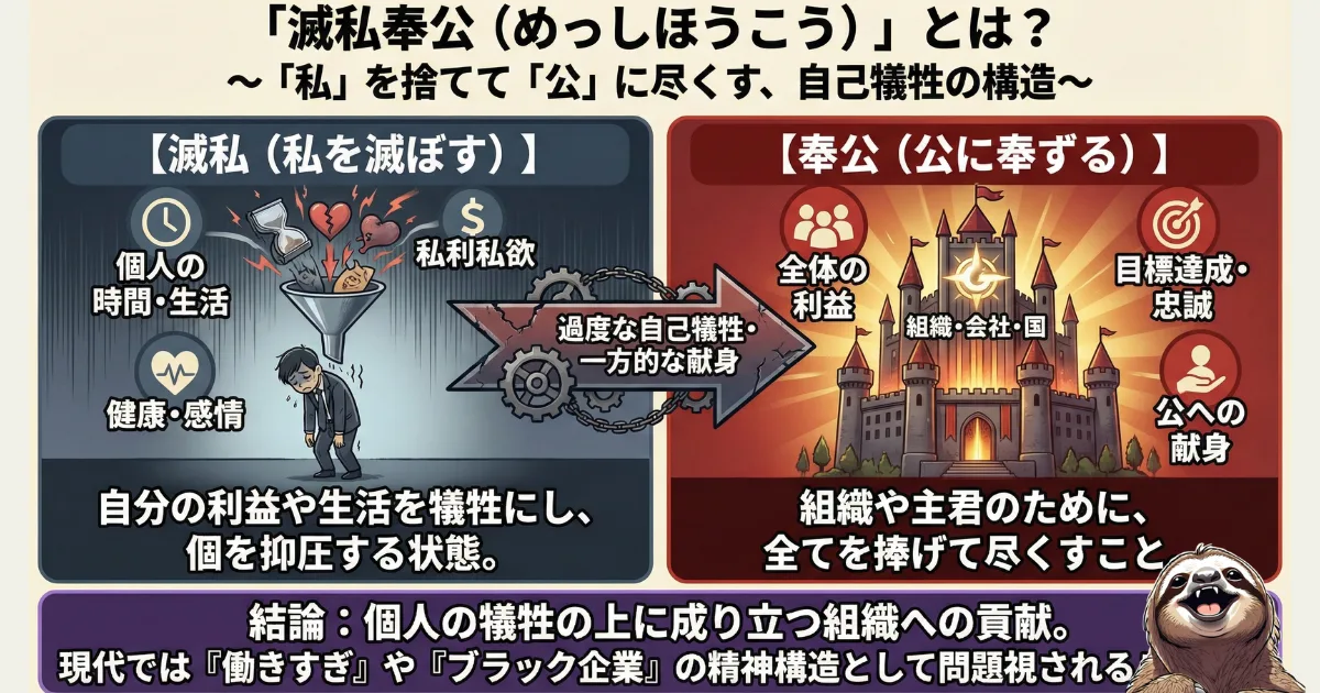 【図解】滅私奉公(めっしほうこう)の意味と現代の問題点:「私」を捨てて組織に尽くすことが、過労やブラック企業の温床になっている構造。個人の時間や健康を犠牲にする自己犠牲の精神構造の解説