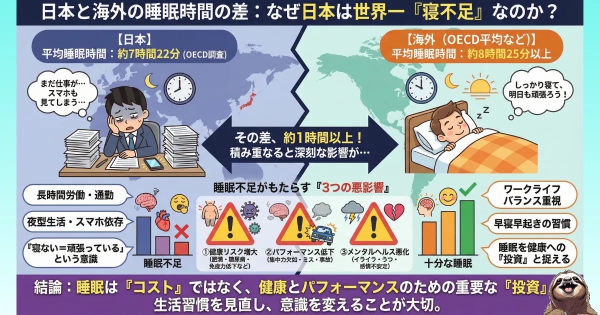 【図解】日本と海外の睡眠時間の比較データ:OECD調査による日本の平均睡眠時間(7時間22分)と世界との差。「寝不足=頑張っている」という誤った認識がもたらす健康リスク(肥満・うつ・パフォーマンス低下)の解説