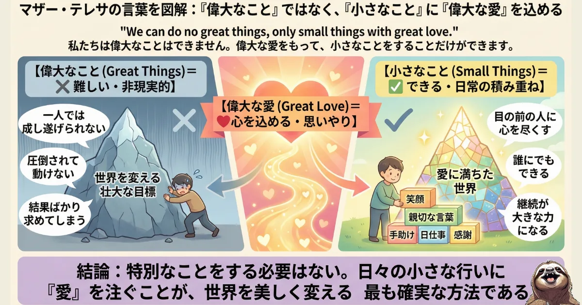 【図解】マザー・テレサの名言「偉大なことではなく、小さなことに偉大な愛を込める」:自己犠牲的な大きな貢献(左)ではなく、日々の親切や思いやり(右)こそが重要であるという教えの解説