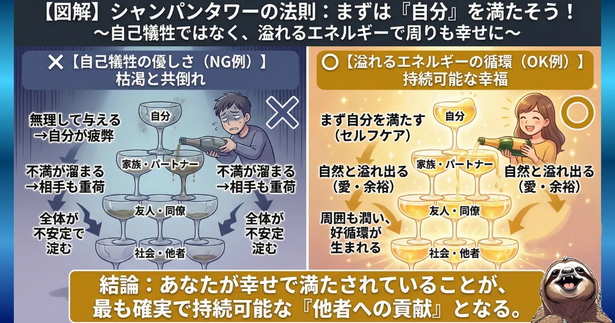 【図解】シャンパンタワーの法則とは:まず自分自身(トップのグラス)を満たすことで、溢れたエネルギーが周囲を幸せにするという考え方。自己犠牲による枯渇(NG例)と、セルフケアによる好循環(OK例)の比較イラスト