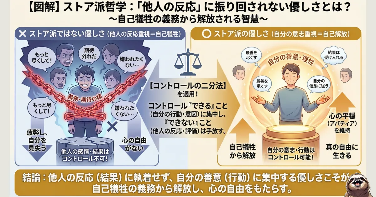 【図解】ストア派哲学「コントロールの二分法」と優しさの定義:他人の反応(変えられないもの)に執着する自己犠牲的な優しさと、自分の善意(変えられるもの)に集中するストア派的優しさの比較。心の平穏(アパティア)を保つ知恵