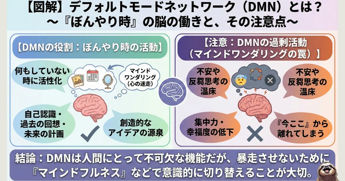 【図解】デフォルトモードネットワーク(DMN)とは:ぼんやりしている時に活性化する脳の働きと、脳疲労の原因となる「マインドワンダリング(心の迷走)」の解説。何もしない時間が逆に脳を疲れさせる仕組み