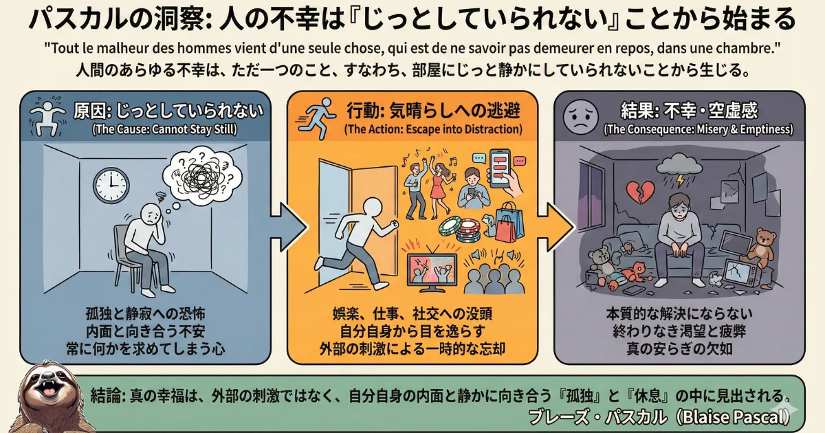 【図解】パスカルの名言「人間の不幸は部屋にじっとしていられないことから始まる」の意味:孤独や静寂への不安から「気晴らし(娯楽・仕事)」へ逃避し、結果として脳疲労と空虚感を招く心理プロセスの解説