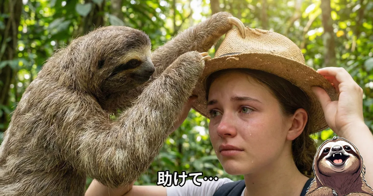 【ブログイメージ】脳疲労の限界で「助けて」と涙する女性に、帽子(瞑想・情報の遮断)を授けるナマケモノ。一人で抱え込まず、休息の技術に頼ることで救われる瞬間を描いた感動的なパロディ画像