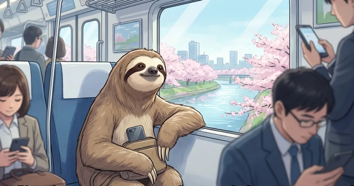 電車の中でスマホを見ずに窓の外の満開の桜を眺めて微笑むナマケモノ:周囲の乗客は全員スマホを見ている中、一人だけデジタル機器から離れて春の景色を楽しんでいる、穏やかで幸福な日常のワンシーン