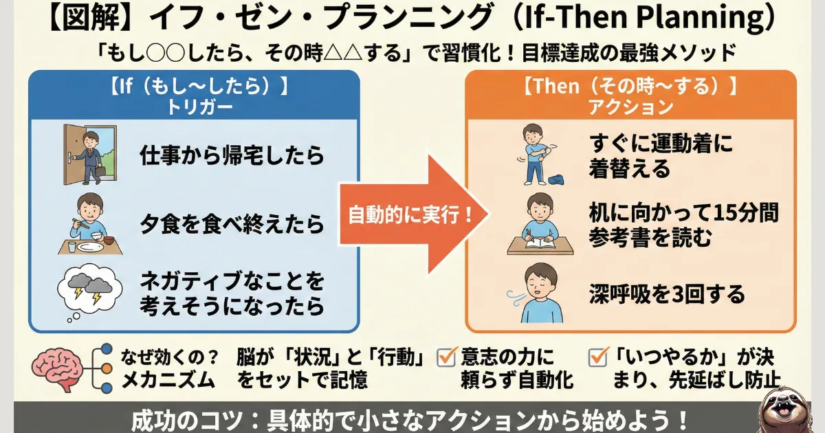 【図解】イフ・ゼン・プランニング(If-Then Planning)とは:「もし○○したら、その時△△する」と決めることで行動を自動化する習慣化メソッド。意志の力に頼らず、先延ばしを防ぐ目標達成の心理学