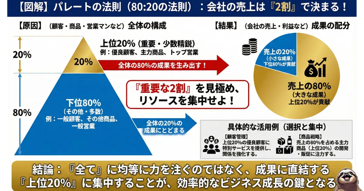 【図解】パレートの法則(80:20の法則)とは:会社の売上の80%は、全従業員の上位20%(優秀な人材・働き者)によって生み出されているというビジネスの法則。成果の偏りを示すピラミッドと円グラフの解説