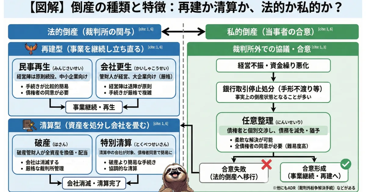 【図解】倒産の種類と手続き一覧:法的倒産(民事再生・会社更生・破産・特別清算)と私的倒産(任意整理)の違い。会社を存続させる「再建型」と、資産を処分して畳む「清算型」の分類チャート