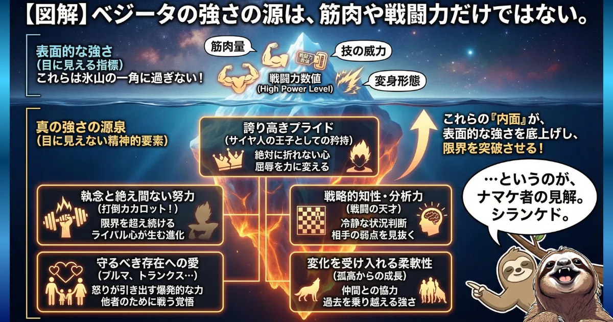 【図解】ベジータの強さの秘密(氷山モデル):筋肉や戦闘力といった「表面的な強さ」を支えているのは、プライド・家族への愛・変化を受け入れる柔軟性などの「内面的な強さ」であることを示した分析イラスト