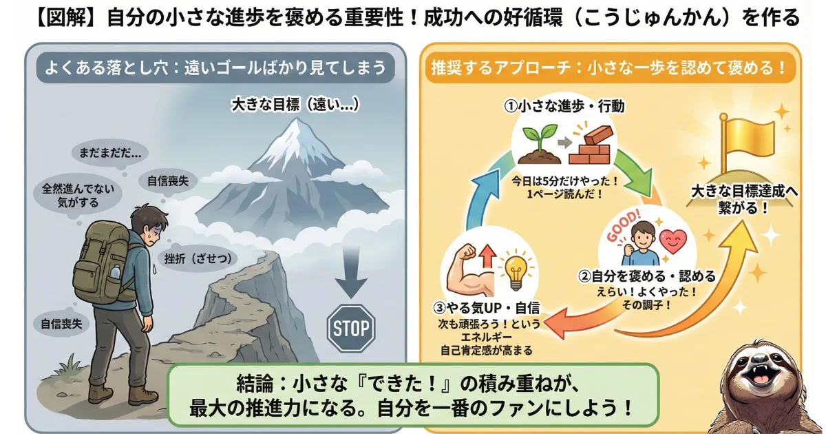 【図解】自分の小さな進歩を褒める重要性:遠いゴールを見て挫折する「落とし穴」と、小さな一歩(スモールステップ)を認めて自己肯定感を高める「成功への好循環」の比較。モチベーションを維持する心理テクニック