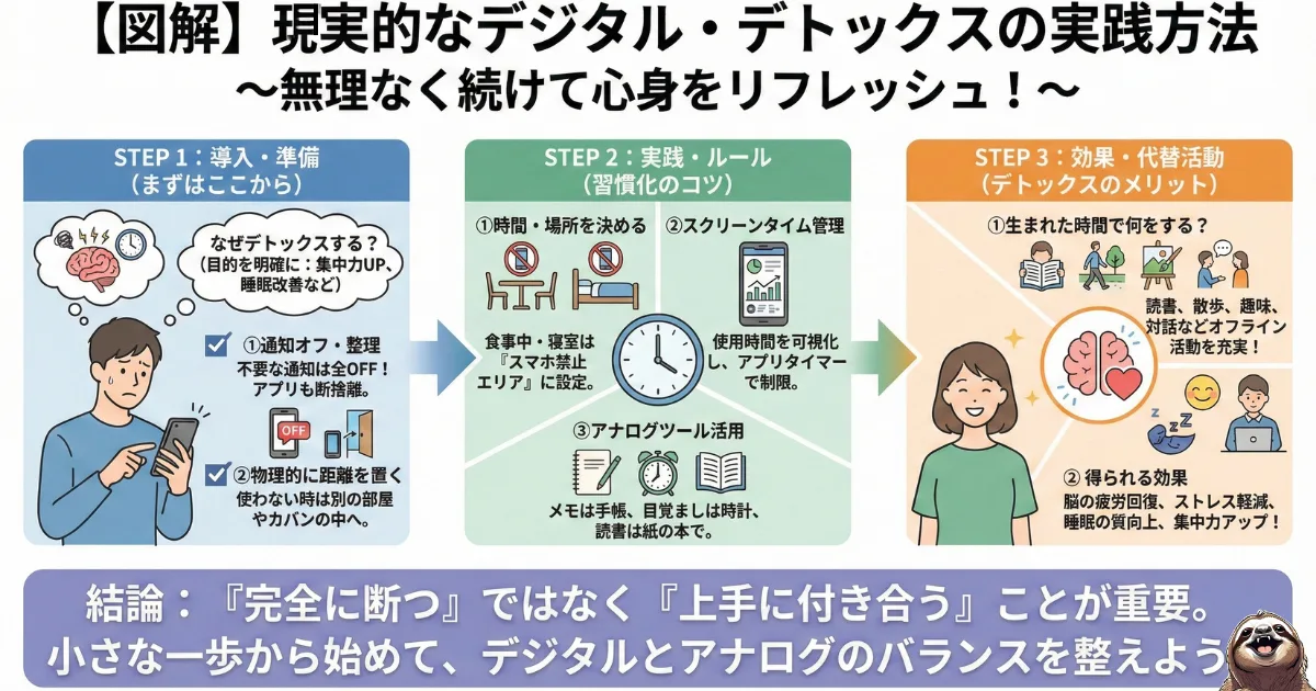 【図解】現実的なデジタル・デトックスの実践方法:通知オフや寝室への持ち込み禁止など、無理なく続けるための3ステップ。脳疲労を回復し、睡眠の質や集中力を高めるための具体的なルール