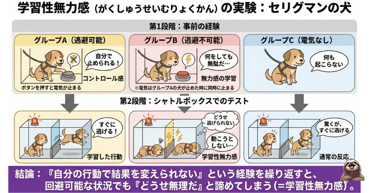 【図解】学習性無力感(セリグマンの犬)の実験とは:「どうせ無理」と諦めてしまう心理メカニズムの解説。回避不可能なストレスを与えられた犬が、逃げられる状況でも行動しなくなるプロセスを示した心理学イラスト