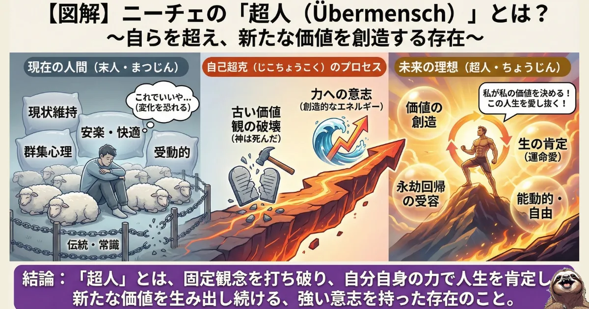 【図解】ニーチェの「超人(Übermensch)」と「末人」の違い:現状維持を好む受動的な末人と、古い価値観を破壊し自ら価値を創造する能動的な超人の比較。自己超克、力への意志、永劫回帰を解説した哲学図解