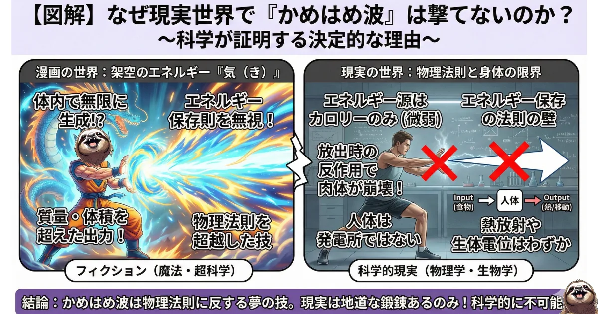 【科学図解】なぜ現実で「かめはめ波」は撃てないのか:エネルギー保存の法則や反作用による肉体崩壊など、物理学・生物学的な不可能理由の解説。「気」という架空エネルギーと、現実の「地道な鍛錬」の対比