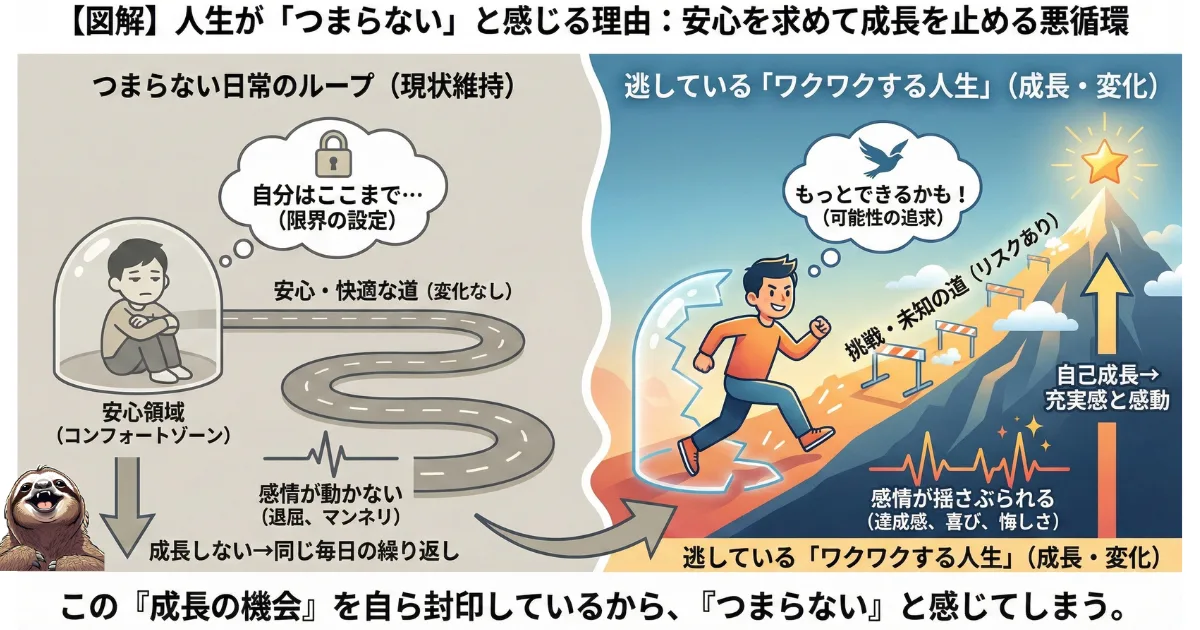 【図解】人生がつまらない理由「コンフォートゾーン(安心領域)」の罠:安心を求めて現状維持を選ぶと、感情の起伏がなくなり退屈するというメカニズム。リスクを取って挑戦し、自己成長と感動を得るルートとの比較