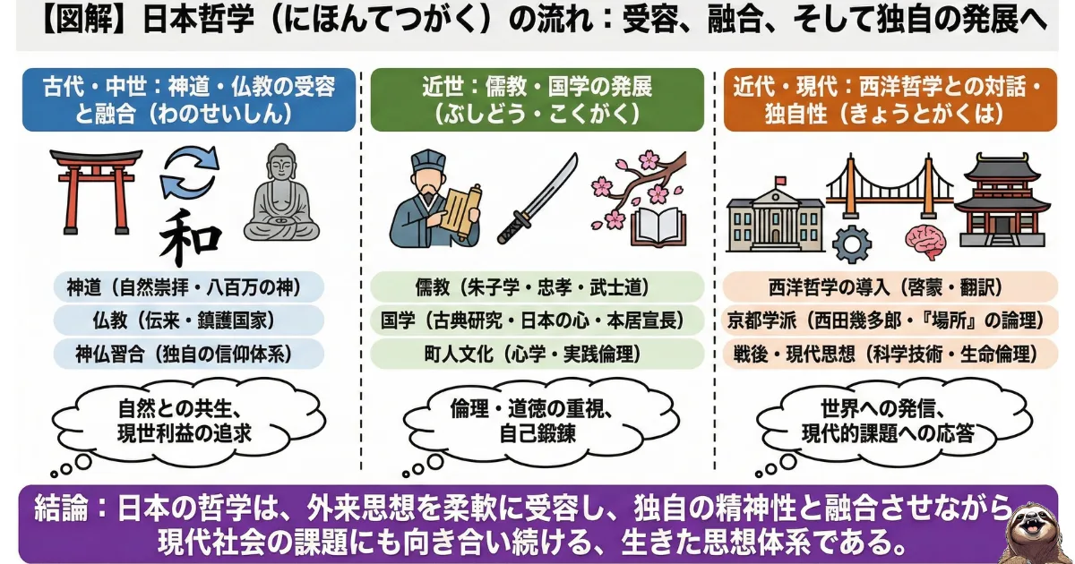 【図解】日本哲学の歴史と流れ:神道・仏教の「和の精神」、儒教・国学の「武士道」、西洋哲学との「融合」という3つの時代区分。外来思想を受け入れ、独自に発展させてきた日本人の精神構造の解説チャート