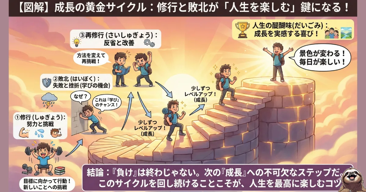 【図解】成長の黄金サイクルとは:修行→敗北(挫折)→再修行→レベルアップという4段階のプロセス。「負け」を学びの機会と捉え、再挑戦することで人生が楽しくなるメカニズムの解説