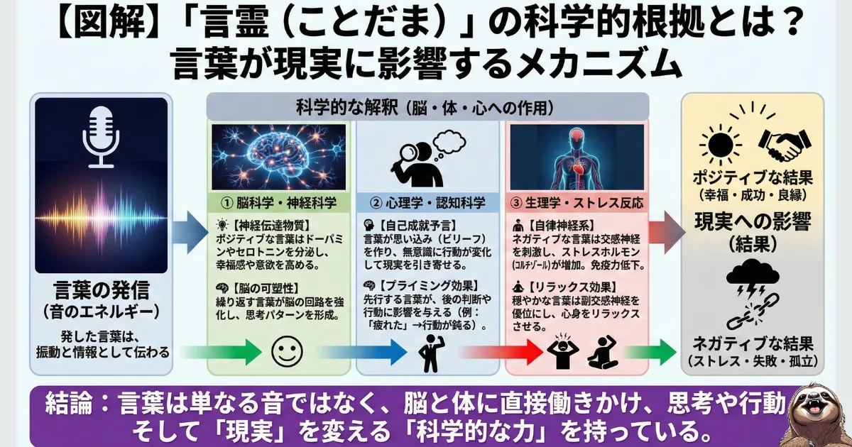 【図解】「言霊(ことだま)」の科学的根拠:言葉が脳(神経伝達物質)・心理(自己成就予言)・体(自律神経)に作用し、思考や行動を変えて「現実」を作り出すメカニズムの解説図