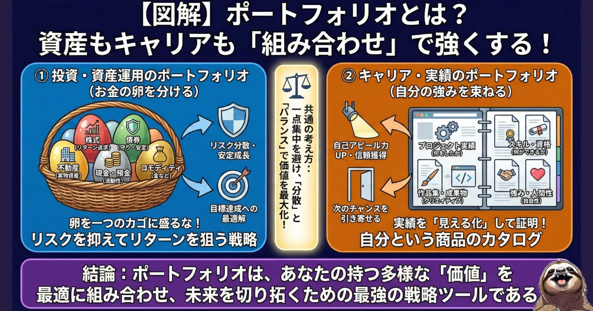 【図解】ポートフォリオ戦略とは:資産運用(左)とキャリア形成(右)における「組み合わせ」の重要性。「卵を一つのカゴに盛るな」というリスク分散の考え方を応用し、自分の強みや実績を束ねて価値を最大化する方法