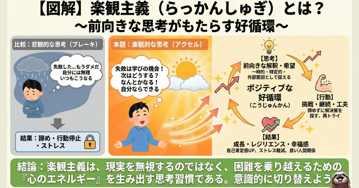 【図解】楽観主義(ポジティブ思考)と悲観主義の違い:失敗を「終わり」と捉えて行動を止める悲観的思考と、「学び」と捉えて成長の好循環(アクセル)を生み出す楽観的思考の比較解説