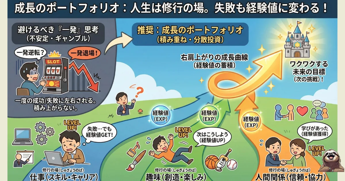 【図解】成長のポートフォリオとは:人生を「仕事・趣味・人間関係」の3つの修行の場に分散し、失敗すらも「経験値(EXP)」に変えて積み上げる戦略。「一発逆転」を狙う不安定な生き方との比較解説