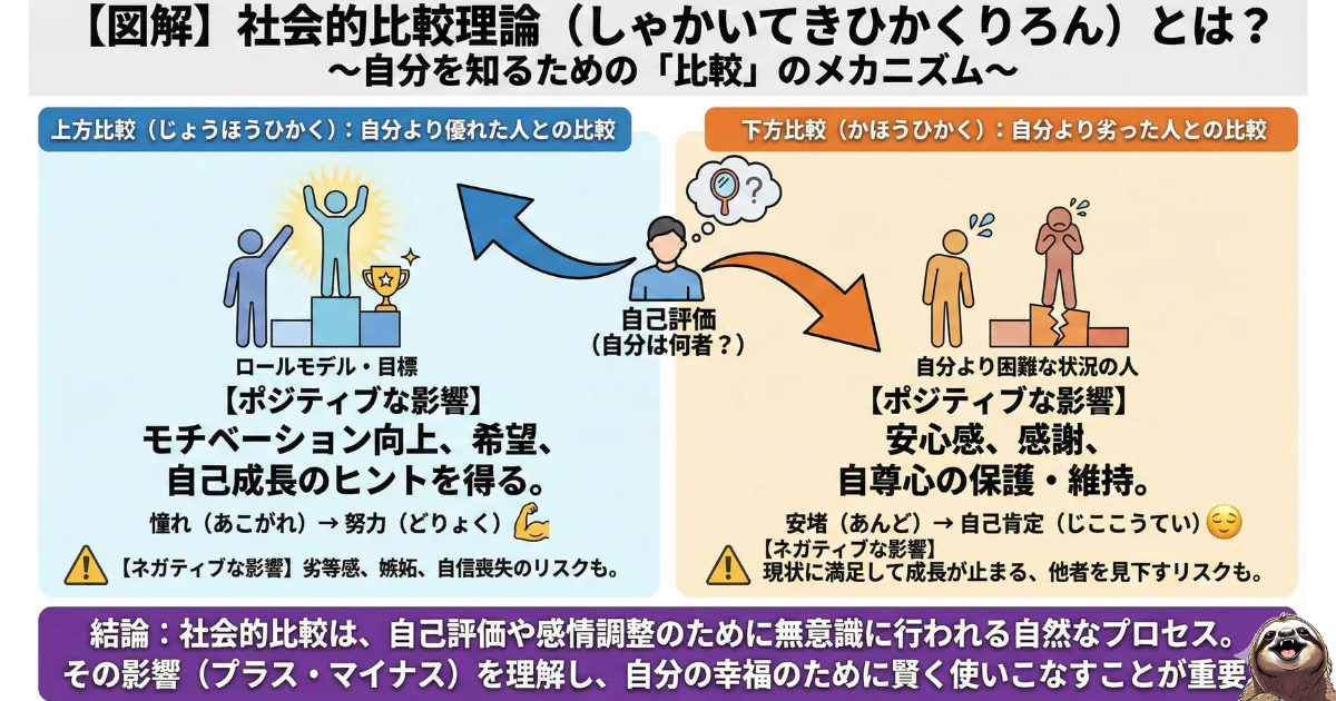 【図解】社会的比較理論とは：自分より優れた人と比べる「上方比較」と、劣った人と比べる「下方比較」の心理メカニズム解説。モチベーション向上や安心感というプラス面と、劣等感や見下しというマイナス面の影響一覧