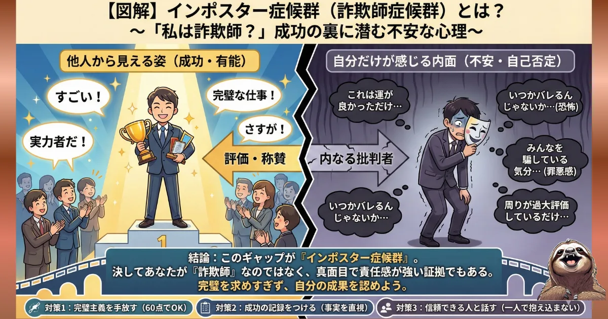 【図解】インポスター症候群（詐欺師症候群）とは：成功しても「運が良かっただけ」「自分は詐欺師だ」と思い込み、いつかバレると恐れる心理状態。完璧主義や責任感が強い人が陥りやすい不安の原因と、3つの克服法