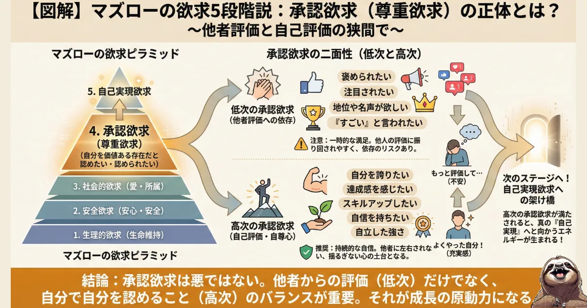 【図解】マズローの欲求5段階説と承認欲求の正体：承認欲求には「低次（他者評価への依存）」と「高次（自己評価・自尊心）」の2種類があることを解説。自己肯定感を高め、自己実現欲求へ進むための心理学チャート