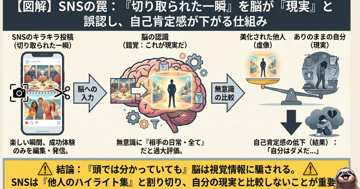 【図解】SNSで自己肯定感が下がる理由：他人の「切り取られた一瞬（ハイライト）」を脳が「現実（日常）」と誤認し、無意識に自分と比較してしまうメカニズム。「隣の芝生は青い」心理の現代版解説