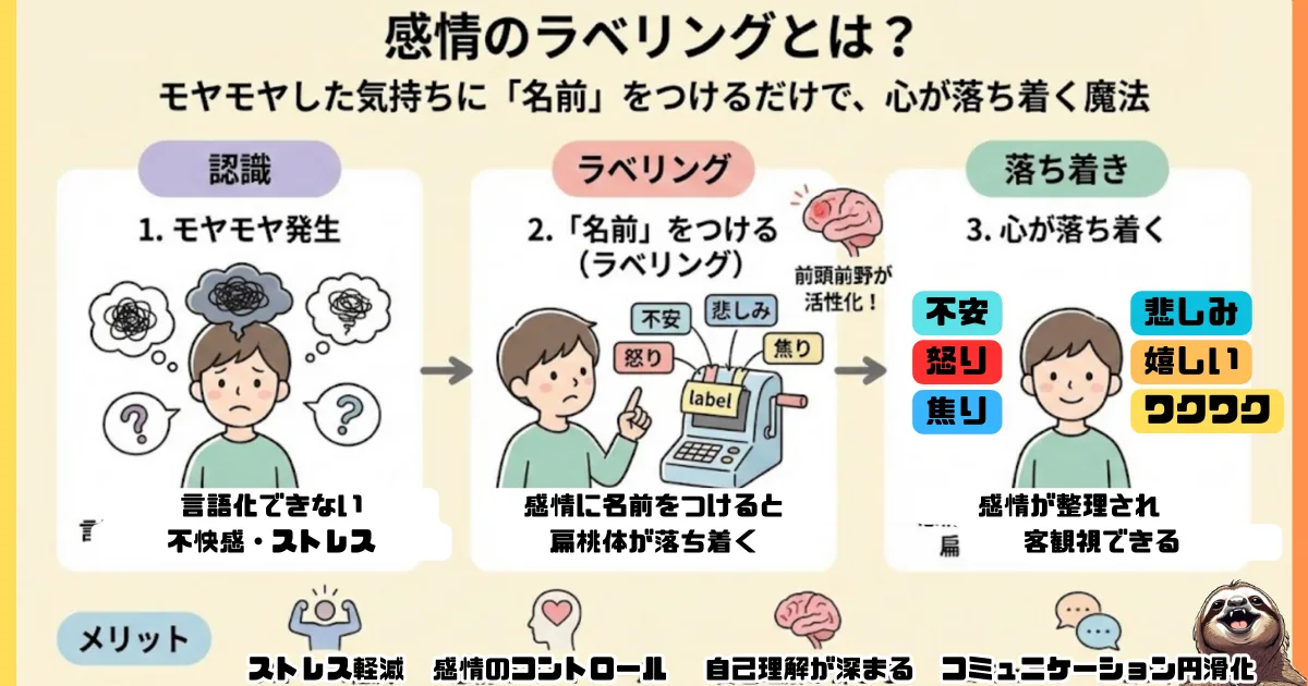 【図解】感情のラベリング（Affect Labeling）とは：モヤモヤした気持ちに「名前」をつけるだけで、脳の扁桃体を鎮め、前頭前野を活性化させる心理テクニック。言語化によるストレス軽減とメンタル安定のメカニズム