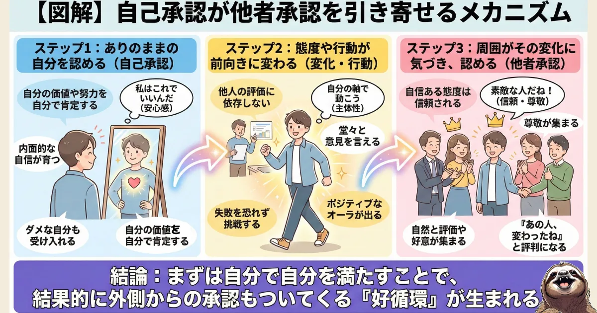 【図解】自己承認が他者承認を引き寄せるメカニズム：ステップ1「ありのままの自分を認める」→ステップ2「態度が前向きに変わる」→ステップ3「周囲が信頼し、評価する」という好循環の解説。評価を求めないことが逆に評価を生む逆説的心理