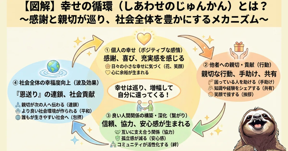【図解】幸せの循環（ハピネスサイクル）のメカニズム：個人の感謝や喜びが、他者への親切を生み、信頼関係を築き、最終的に社会全体を豊かにする流れの解説。ポジティブ心理学における「恩送り」と幸福の波及効果