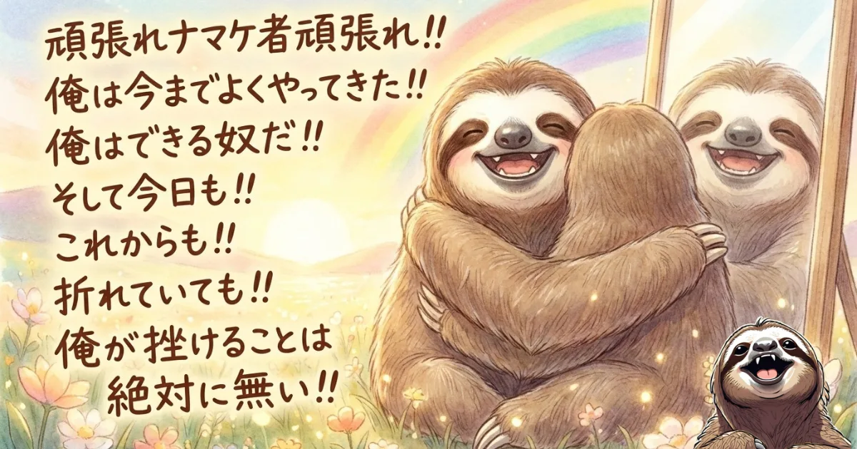 【イラスト】自己肯定感を高める「セルフトーク（独り言）」の実践：鏡の中の自分に向かって「俺は今までよくやってきた」「俺はできる」と語りかけ、脳をポジティブに書き換える心理テクニック。自己受容と自己効力感の向上効果