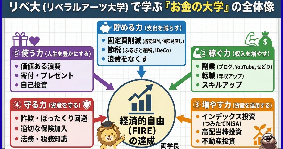 【図解】リベ大(リベラルアーツ大学)で学ぶ「お金の大学」の全体像:経済的自由(FIRE)を達成するための5つの力(貯める・稼ぐ・増やす・守る・使う)の解説図。支出を減らし収入を増やす具体的な資産形成ロードマップ