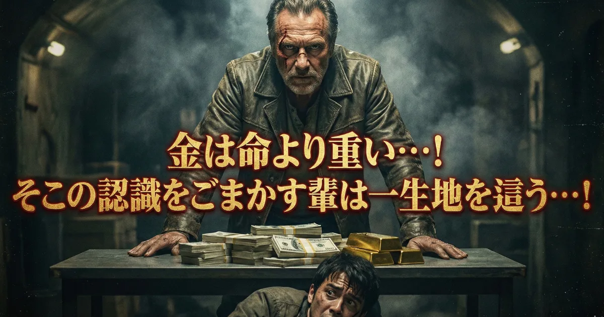 【カイジの名言】利根川幸雄「金は命より重い…!そこの認識をごまかす輩は一生地を這う…!」:お金の正体が「命(時間)の対価」であることを説く残酷な真実と、資本主義社会の厳しさを象徴した迫力あるイメージ画像