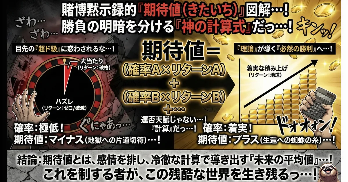 【図解】勝負の明暗を分ける「期待値(Expected Value)」とは:確率×リターンの総和で導き出す「未来の平均値」の計算式。ギャンブル(マイナス期待値・破滅)と堅実な投資(プラス期待値・勝利)を比較し、感情を排した論理的思考の重要性を解説