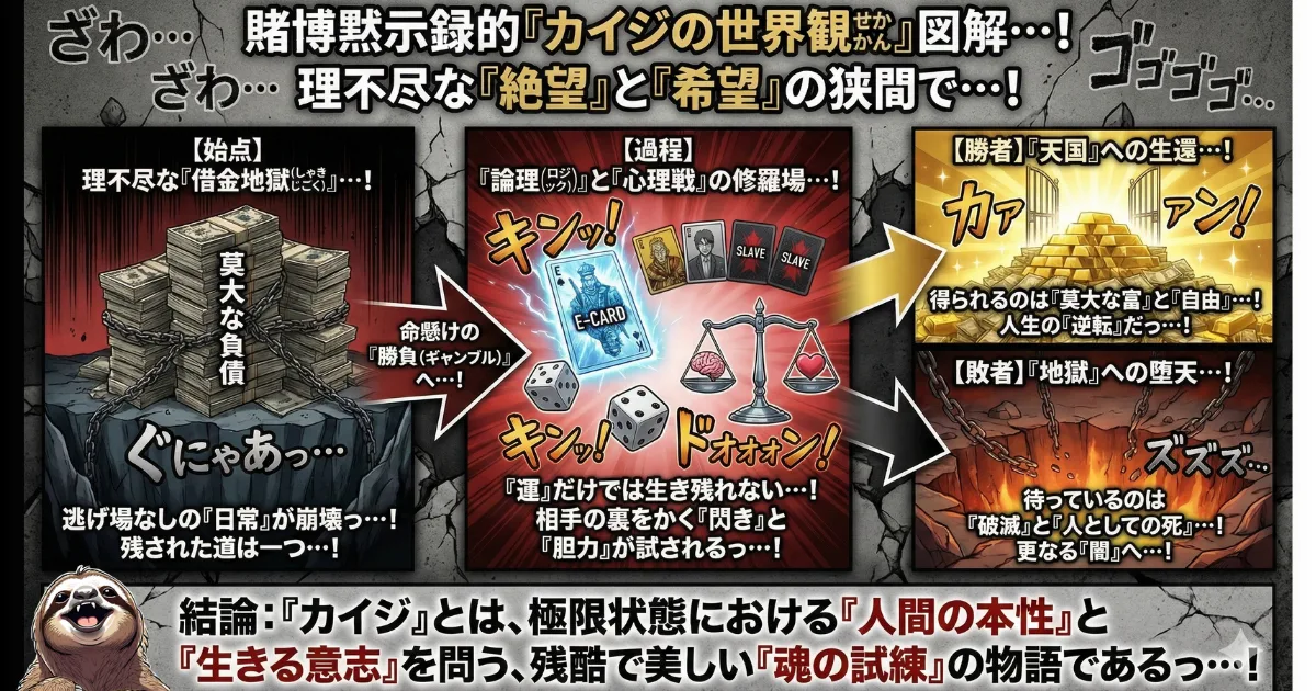 【図解】賭博黙示録カイジの世界観とストーリー構造:始点「借金地獄(日常崩壊)」→過程「論理と心理戦のギャンブル(Eカード・チンチロ)」→結果「勝者(富と自由)or 敗者(破滅と地獄)」の分岐フロー。極限状態における人間の本性と生きる意志を問う物語