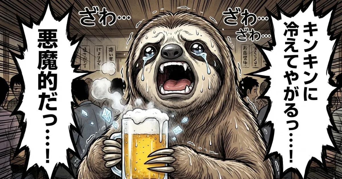 【カイジ名言】「キンキンに冷えてやがるっ…!」「悪魔的だっ…!」:地下チンチロ編のビールを飲む名シーンのパロディ。極限状態での「小さな快楽(報酬)」が、長期的な資産形成を阻害し、貧困のループに引きずり込む心理的罠(ドーパミン中毒)の図解