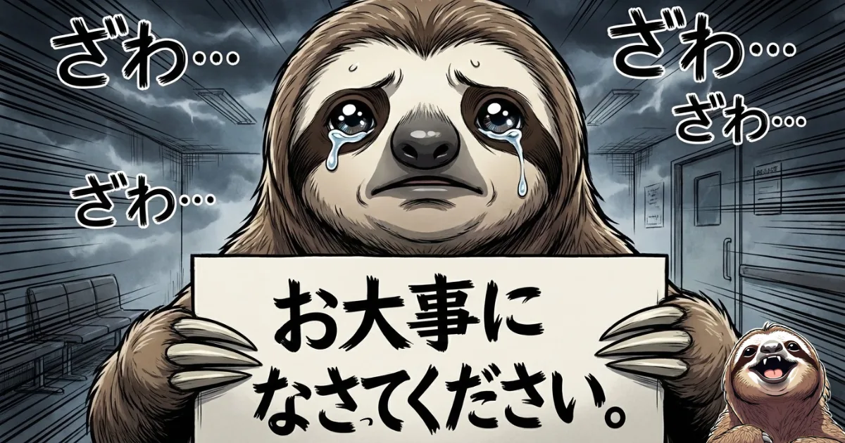 【イラスト】カイジ風の背景で涙ぐむナマケモノ:「ざわ…ざわ…」という効果音の中、「お大事になさってください。」というフリップを掲げる画像。過酷な資本主義社会で戦う読者への労りと、健康管理(命の保全)へのメッセージ