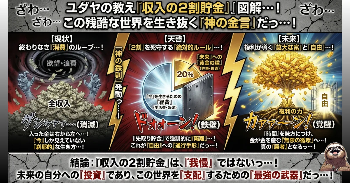 【図解】ユダヤの教え(バビロンの大富豪)「収入の2割貯金」の実践:全収入を浪費してしまう「消費のループ」から脱出し、先取り貯金で「黄金の種(投資元本)」を作り、複利の力で「経済的自由」を達成するまでのロードマップ