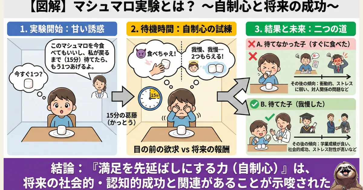 【図解】マシュマロ実験(Marshmallow Test)と将来の成功の関連性:目の前の欲求を我慢し「満足を先延ばしにする力(自制心)」を発揮できた子供は、将来的に社会的成功やストレス耐性が高いことを示した心理学実験の解説