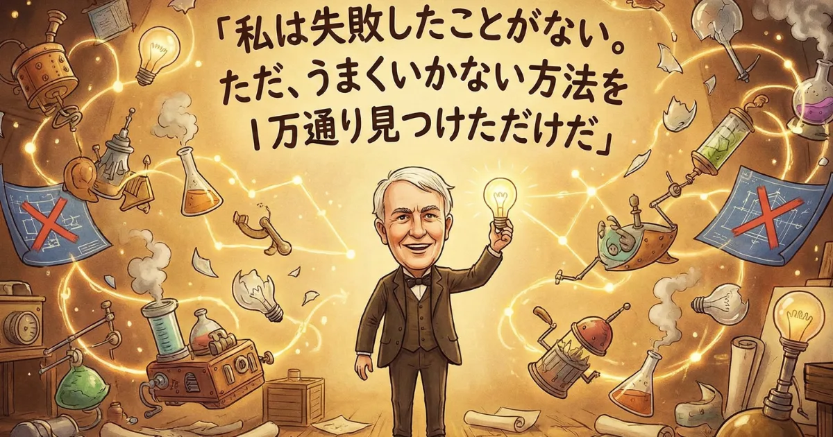 【名言図解】トーマス・エジソン「私は失敗したことがない。ただ、うまくいかない方法を1万通り見つけただけだ」:失敗を「挫折」ではなく「発見(データ収集)」と定義する思考法。習慣化や目標達成におけるポジティブなマインドセットの重要性