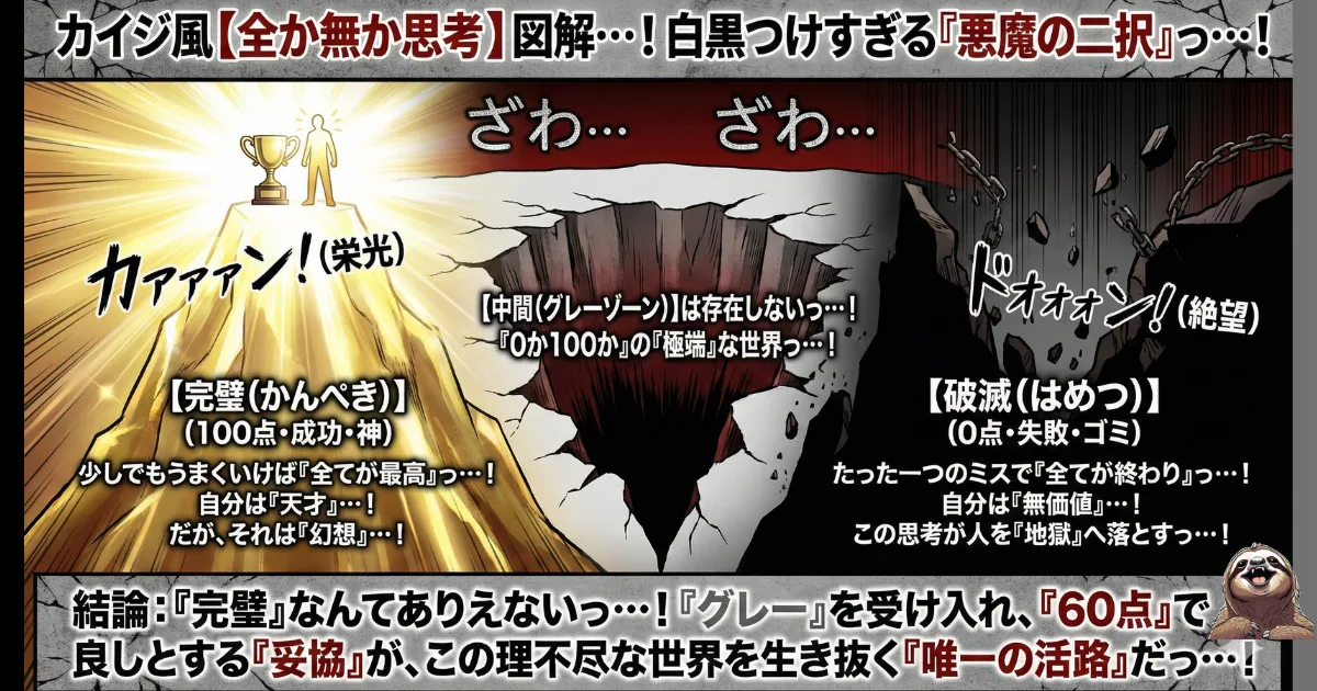 【図解】全か無か思考(完璧主義)の弊害と対策:物事を「100点(成功)」か「0点(失敗)」かの白黒でしか判断できない認知の歪み。中間(グレーゾーン)を受け入れ、「60点でOK」とする妥協が習慣化を継続させる鍵であることを解説