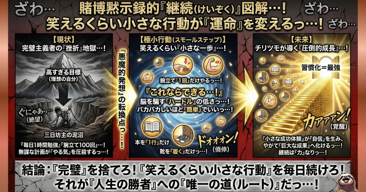 【図解】継続を習慣化する「スモールステップ」の威力:完璧主義による「高すぎる目標(挫折)」を捨て、「腕立て1回」「本を1行」など笑えるくらい小さな行動にハードルを下げる戦略。小さな成功体験が自信を生み、圧倒的成長へ繋がるプロセス