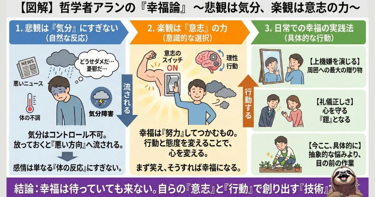 【図解】哲学者アランの『幸福論』要約:「悲観は気分、楽観は意志の力」という名言の解説。ネガティブな感情は放っておくと流されるが、幸福は「上機嫌を演じる」「礼儀正しさ」などの具体的行動によって作れるというメンタル管理術